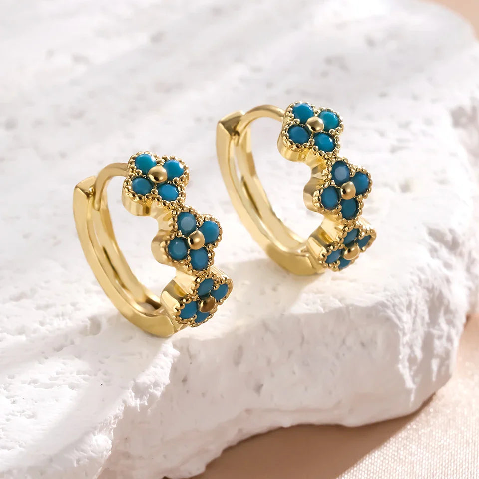 Boucles d'oreilles créoles en fleur turquoise chic