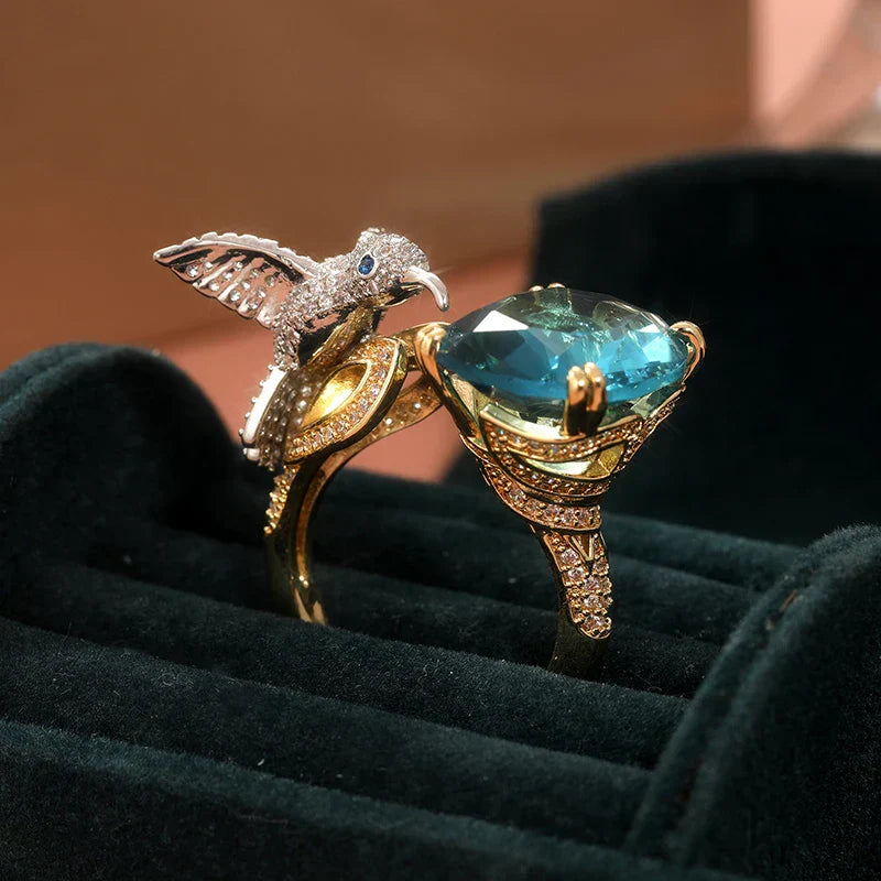 Bague Colibri Couleur Aquamarine Ajustable – Plaqué Or 14K