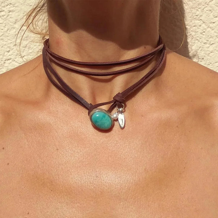 Collier Pendentif Turquoise Vintage Bohémien
