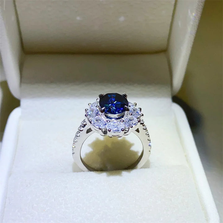 BXINY Certified 2CT Oval Cut Bule Moissanite Ring S925 Silver Sapphire Lab Diamond Halo Wedding Band For Women Fine Jewelry Gift