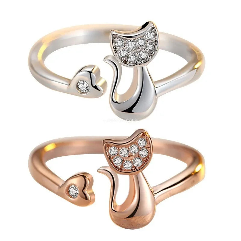 Bague Ouverte Chat Mignonne – Zirconia Cubique