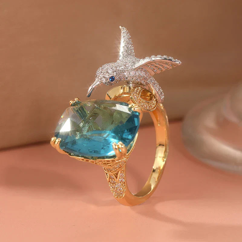 Bague Colibri Couleur Aquamarine Ajustable – Plaqué Or 14K