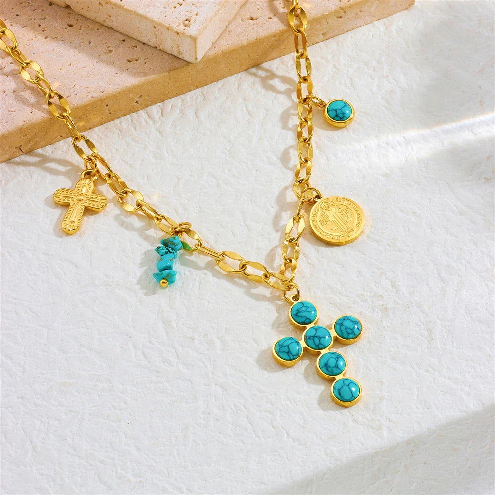 Collier Croix en Acier Inoxydable Turquoise Exclusif