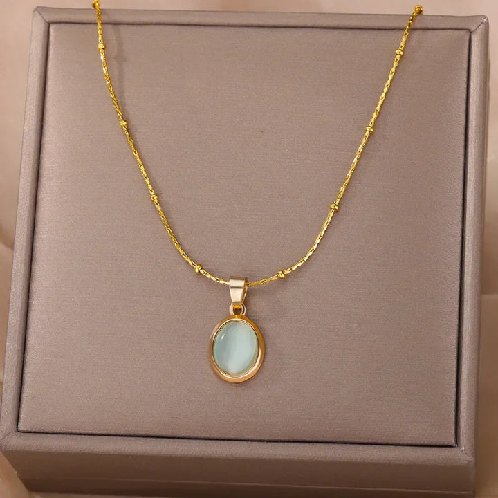 Collier Pendentif Opale Goutte d'Eau en Acier Inoxydable Doré Chic