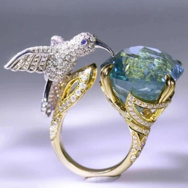 Bague Colibri Couleur Aquamarine Ajustable – Plaqué Or 14K