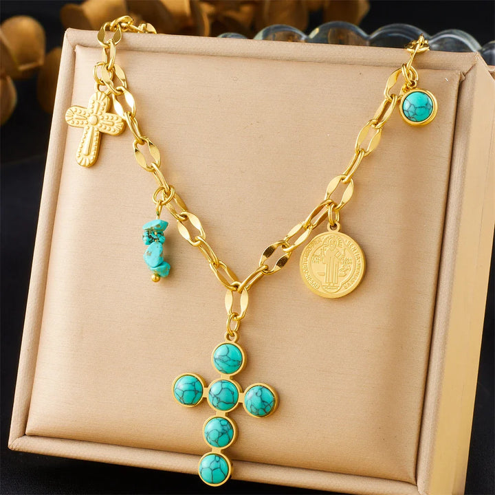 Collier Croix en Acier Inoxydable Turquoise Exclusif