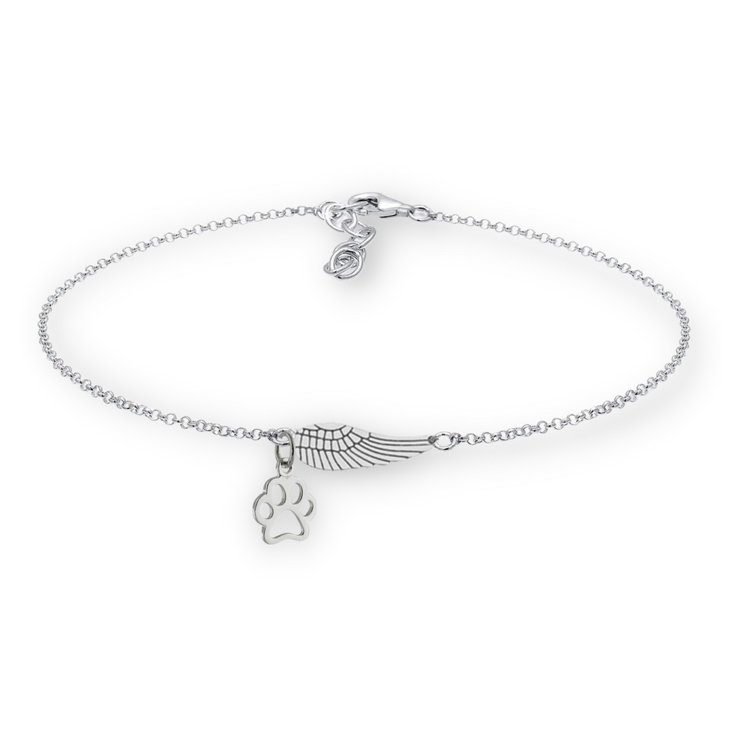 Bracelet Commémoratif en Argent avec Aile d'Ange & Empreinte de Patte | Fait Main