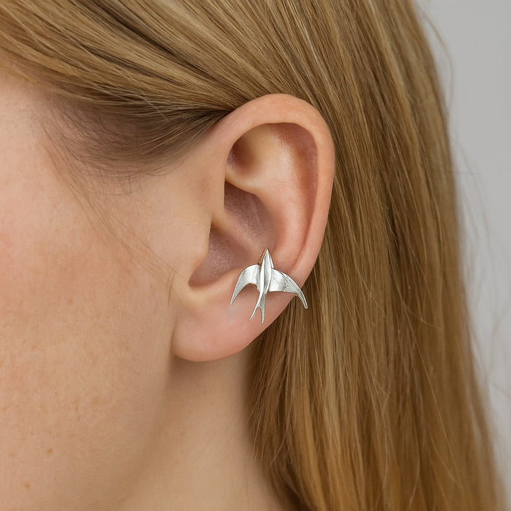Belles Boucles d'Oreilles Clip-On en Argent en Forme d'Hirondelle