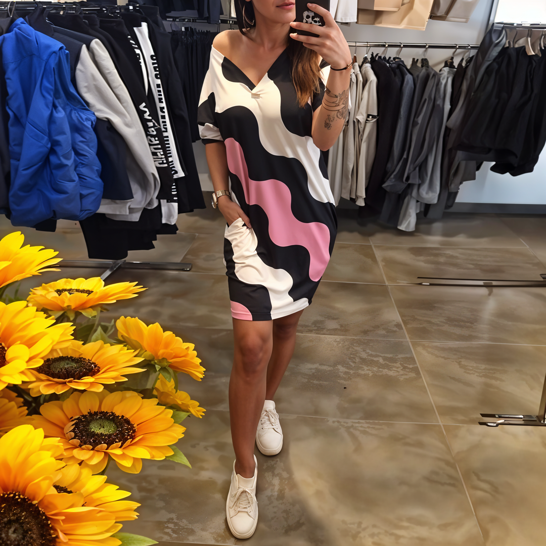 Zelda | Wave Print Dress with V-Neck
