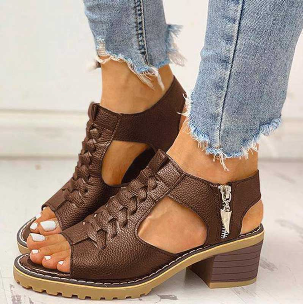 Thersea | Women's Block Heel Orthopedic Sandals with Side Zipper