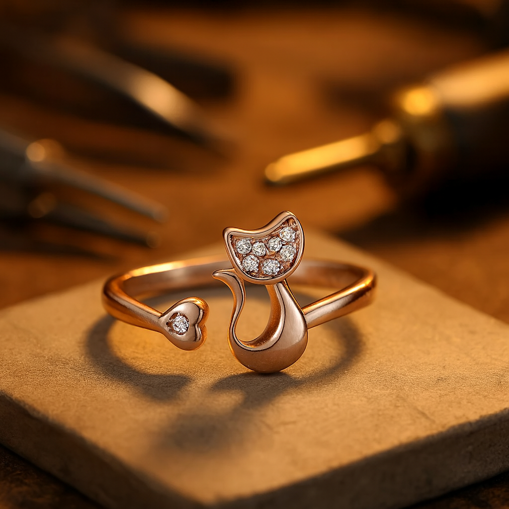 Bague Ouverte Chat Mignonne – Zirconia Cubique