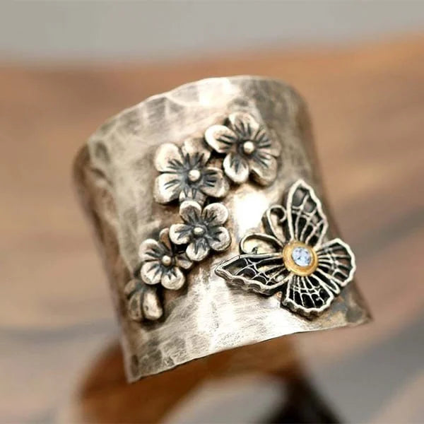 Bague Large avec Abeille, Fleur et Papillon