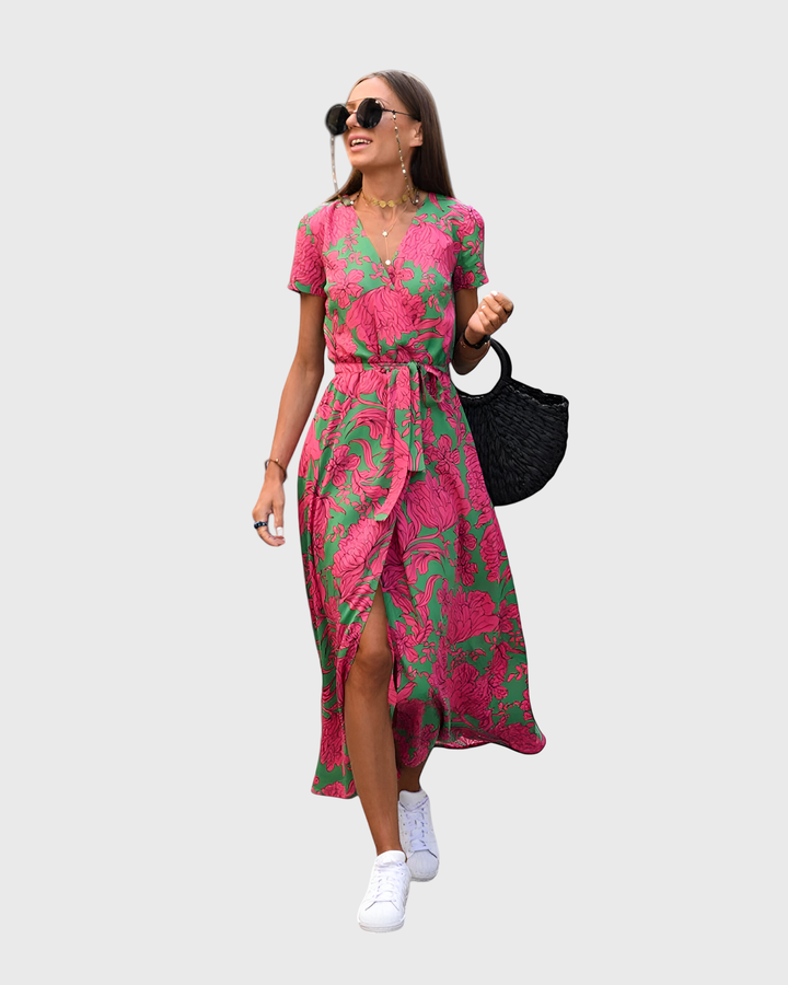 Yareli | Midi Wrap Dress with Vibrant Flowers