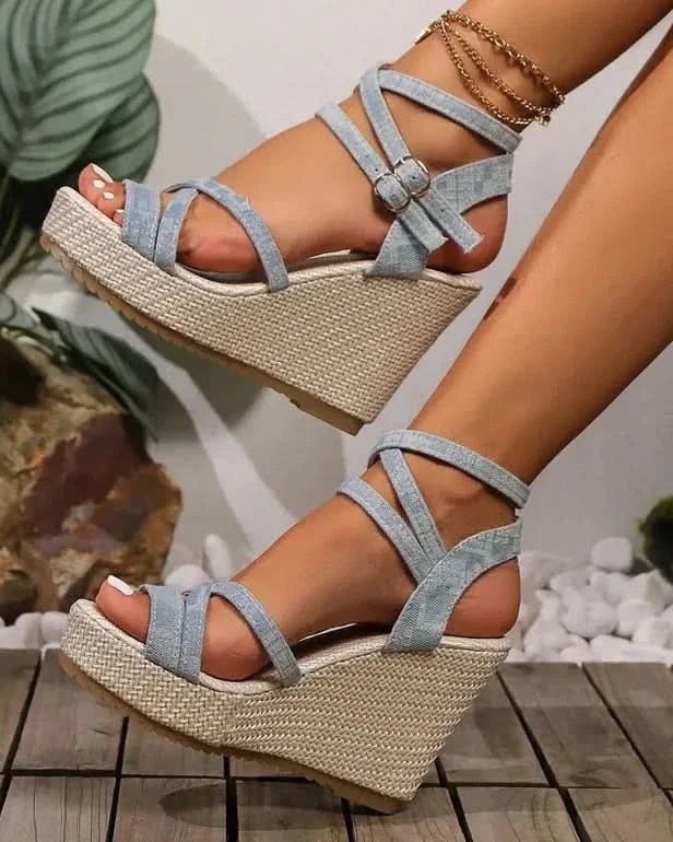 Leslie | Denim Wedged Heel Sandals