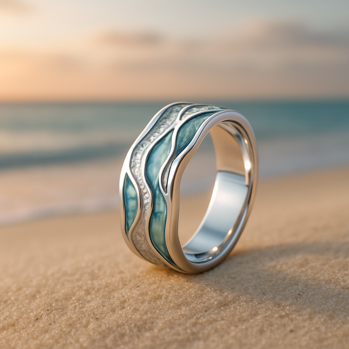 Bague Élégante en Argent et Turquoise avec Motifs de Vagues