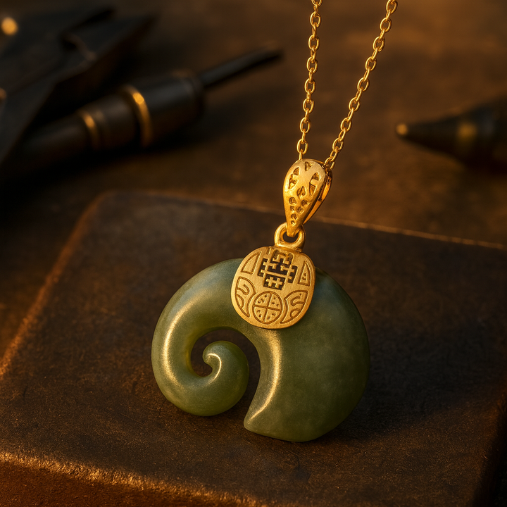 Pendentif Éléphant en Jade Hetian – Collier en Chaîne Plaqué Or 18K pour Femmes