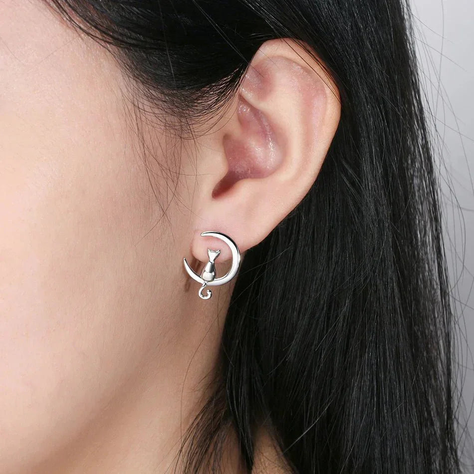 Boucles d'oreilles en argent sterling en forme de chat et de lune