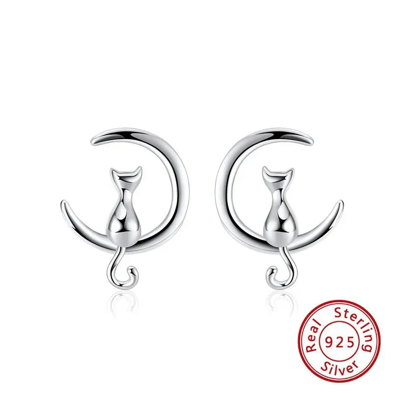 Boucles d'oreilles en argent sterling en forme de chat et de lune