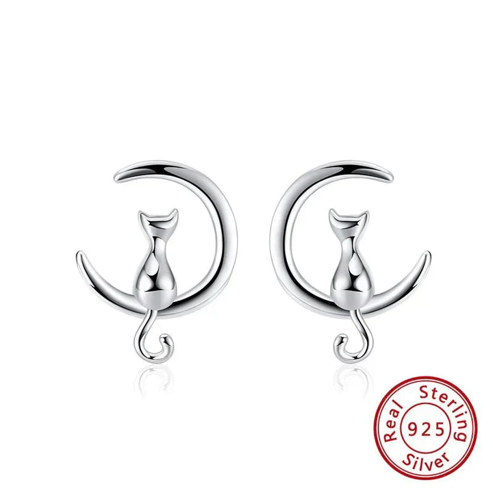 Boucles d'oreilles en argent sterling en forme de chat et de lune