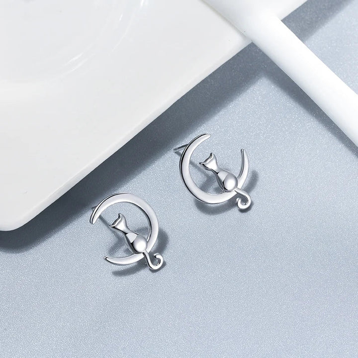 Boucles d'oreilles en argent sterling en forme de chat et de lune