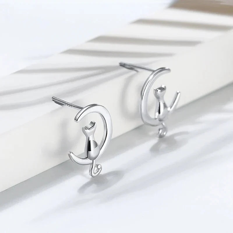 Boucles d'oreilles en argent sterling en forme de chat et de lune