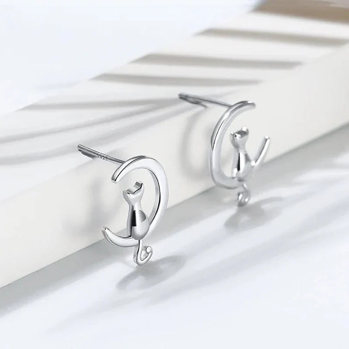 Boucles d'oreilles en argent sterling en forme de chat et de lune