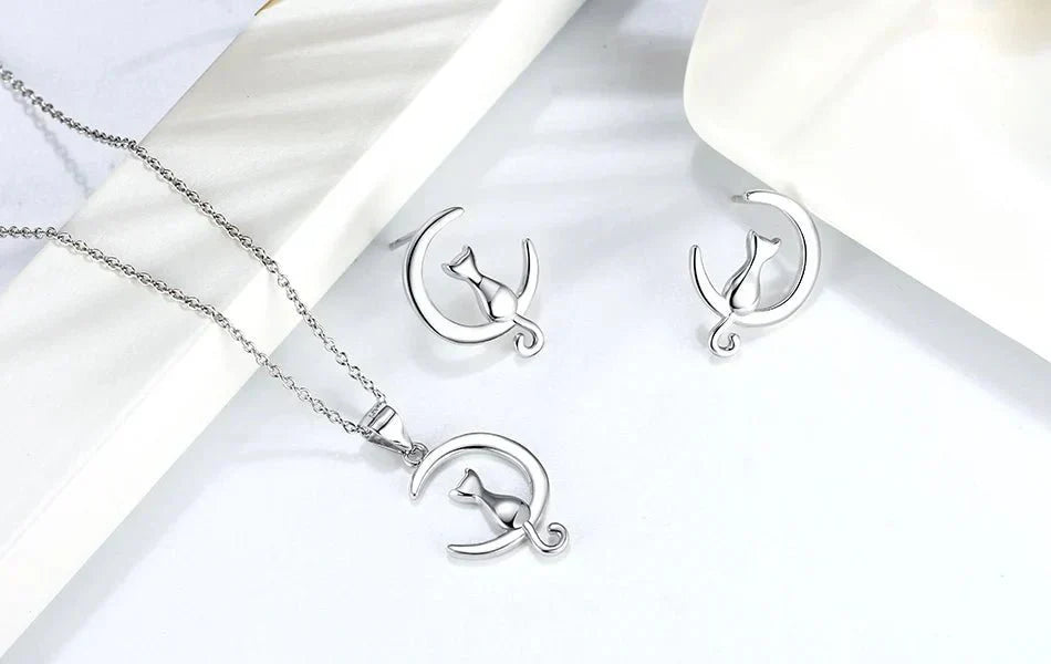 Boucles d'oreilles en argent sterling en forme de chat et de lune