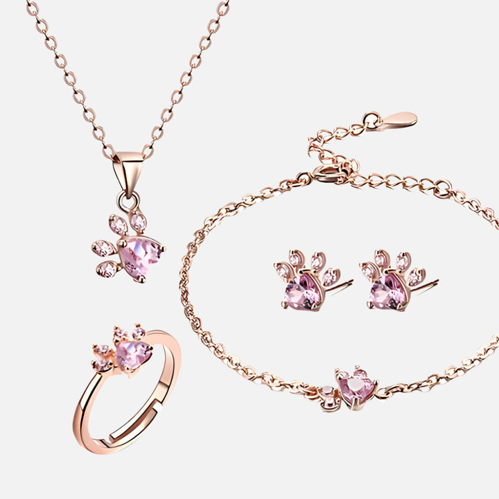 Ensemble de Bijoux Patte en Or Rose – 4 Pièces avec Cœur en Zirconia (Bague, Collier, Boucles d'Oreilles, Bracelet)