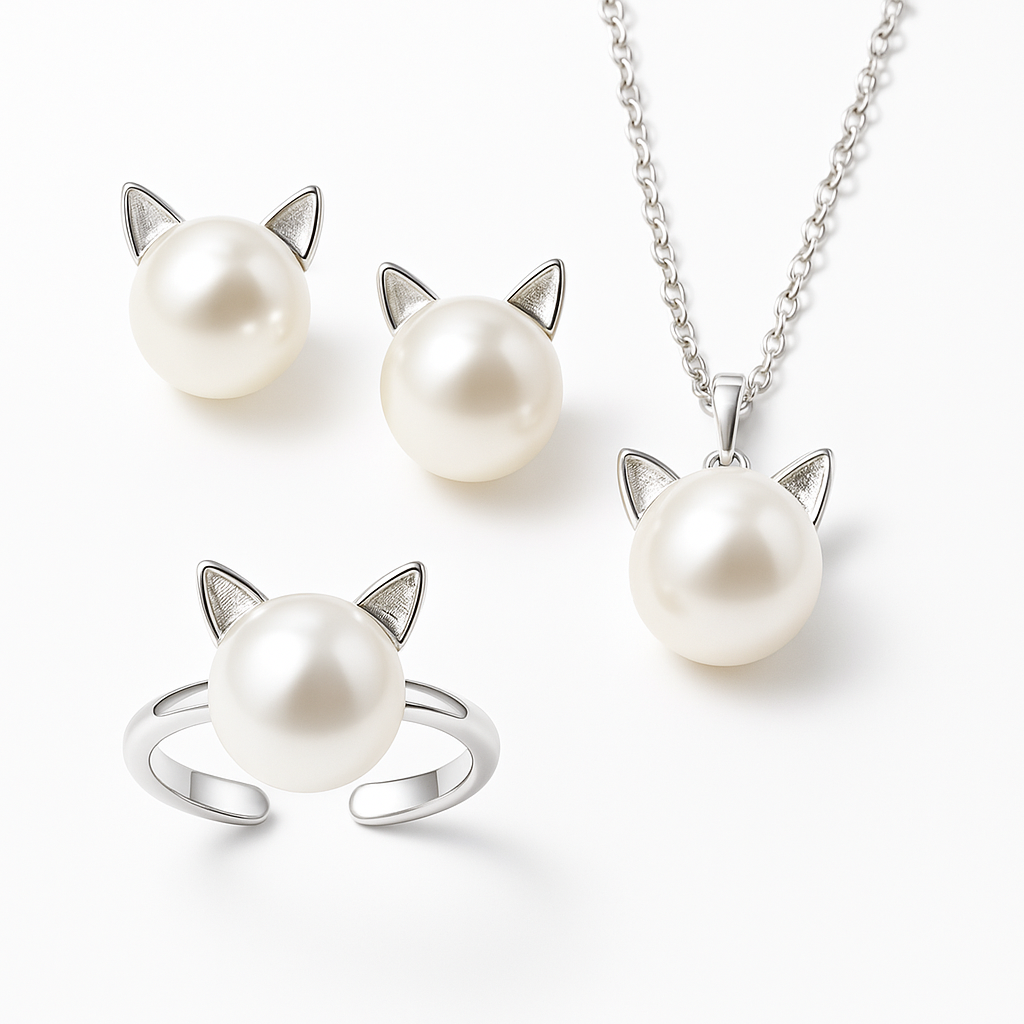 Magnifique collier de chat en perles avec boucles d'oreilles et bague bonus