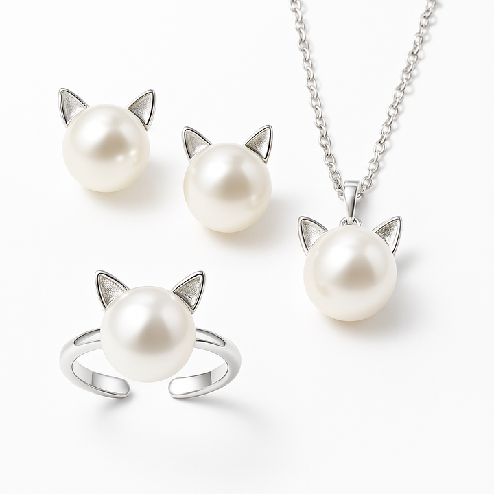 Magnifique collier de chat en perles avec boucles d'oreilles et bague bonus