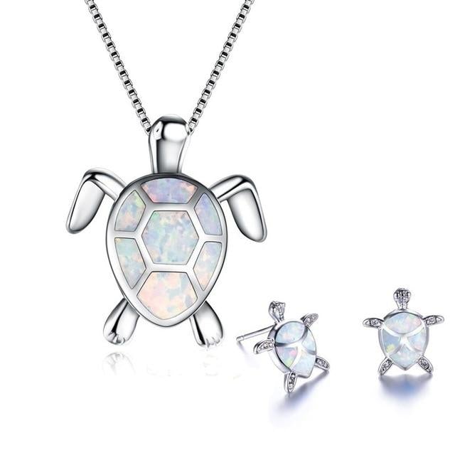 Collier et Boucles d'Oreilles Exclusifs en Opale et Argent Tortue de Mer