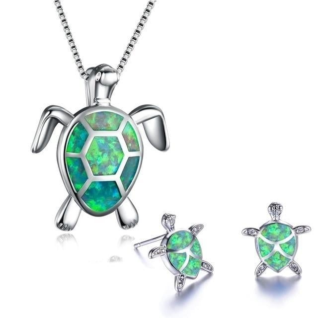 Collier et Boucles d'Oreilles Exclusifs en Opale et Argent Tortue de Mer
