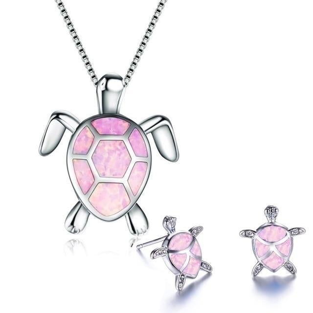 Collier et Boucles d'Oreilles Tortue de Mer en Opale et Argent