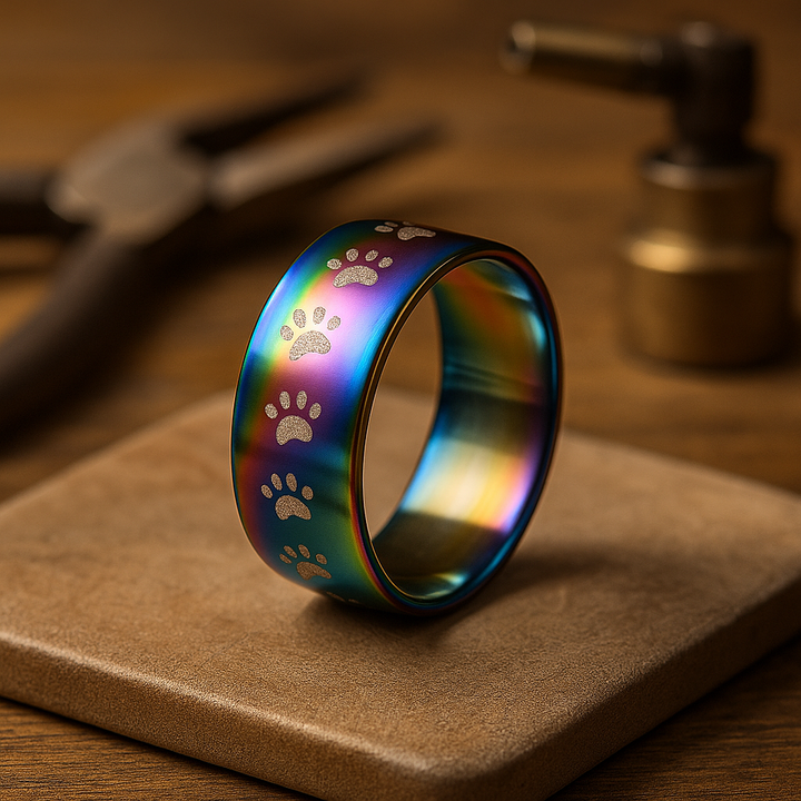 Bague en Acier Inoxydable Arc-en-Ciel avec Empreinte de Patte Fait Main