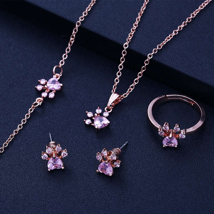 Ensemble de Bijoux Patte en Or Rose – 4 Pièces avec Cœur en Zirconia (Bague, Collier, Boucles d'Oreilles, Bracelet)