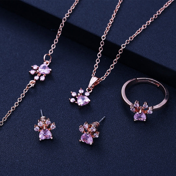 Ensemble de Bijoux Patte en Or Rose – 4 Pièces avec Cœur en Zirconia (Bague, Collier, Boucles d'Oreilles, Bracelet)