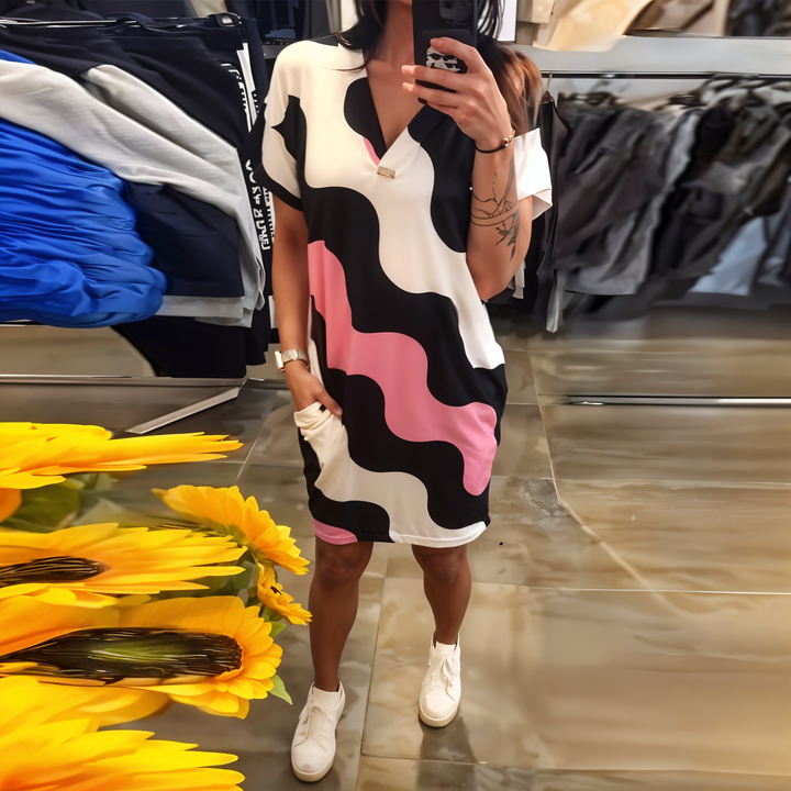 Zelda | Wave Print Dress with V-Neck