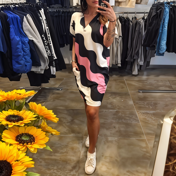 Zelda | Wave Print Dress with V-Neck