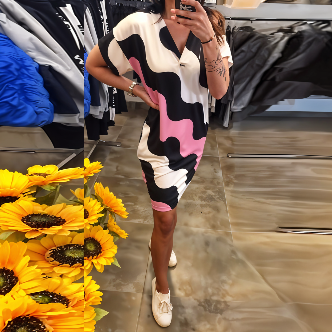 Zelda | Wave Print Dress with V-Neck