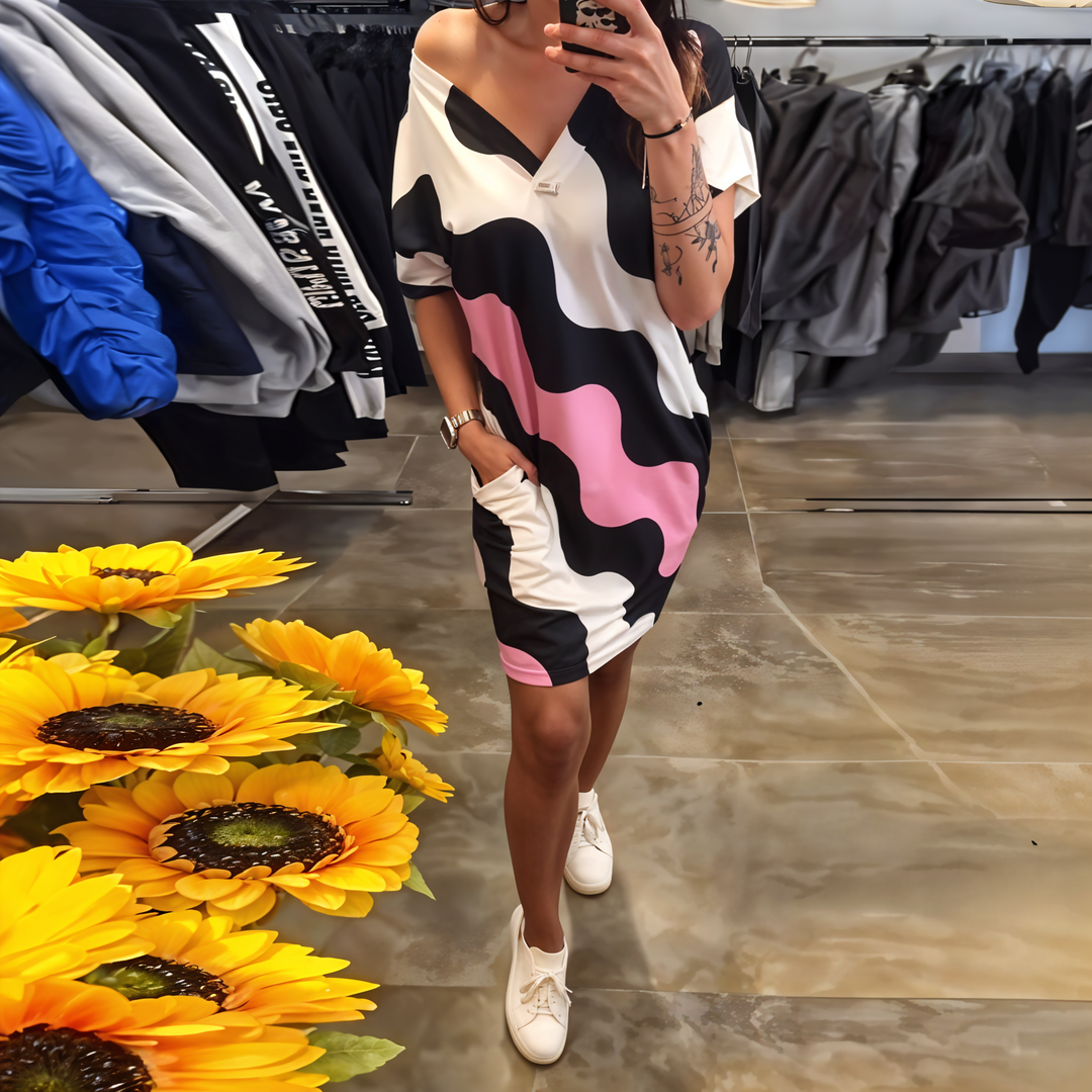 Zelda | Wave Print Dress with V-Neck
