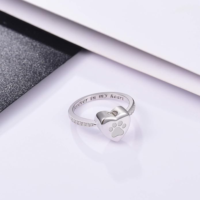Bague Urne en Forme de Cœur avec Empreinte de Patte – Bijoux de Crémation en Mémoire d'Animal