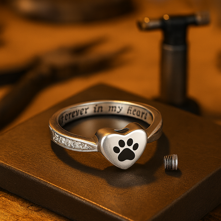 Bague Urne en Forme de Cœur avec Empreinte de Patte – Bijoux de Crémation en Mémoire d'Animal