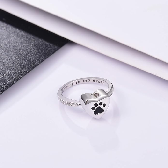 Bague Urne en Forme de Cœur avec Empreinte de Patte – Bijoux de Crémation en Mémoire d'Animal